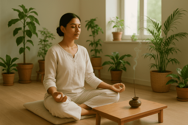 Person meditating with incense and green plants in soft daylight.