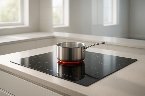 Ultra-modern kitchen with induction range, copper-bottomed pan, and illuminated controls.