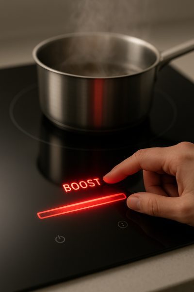 Fingers adjusting touch slider on induction cooktop, digital display set to boost, pan simmering.