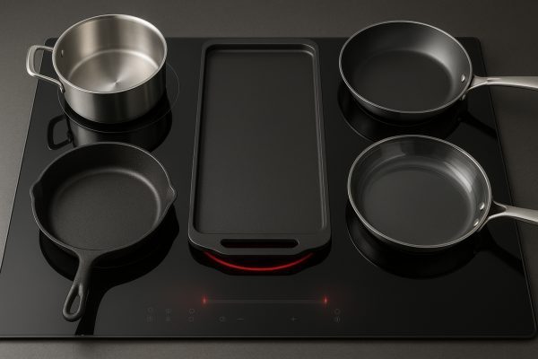 Induction cooktop with compatible and incompatible pans and bridge element under a griddle.