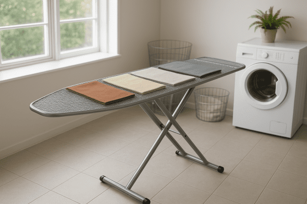 Steel ironing board with fabric swatches in a bright, clean laundry room.