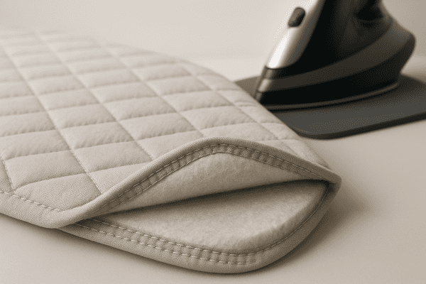 Macro view of heat-resistant ironing board cover, padding, and iron on silicone mat.