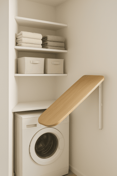 Half-folded wall-mounted wooden ironing board in a tidy laundry nook.