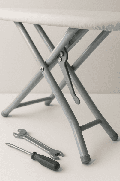 Close-up of ironing board adjustment lever and steel leg brackets, with tools for maintenance.