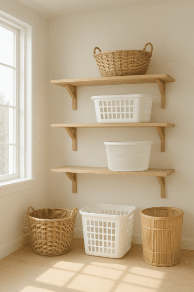 A sun-filled laundry room with various clean laundry baskets\u2014wicker, plastic, mesh, and bamboo\u2014arranged on wood shelves and the floor.