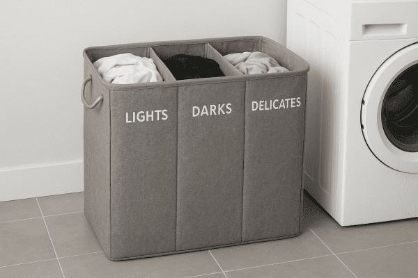 A large, divided laundry hamper with three fabric compartments and handles, each compartment holding sorted clothes on a modern tile floor.