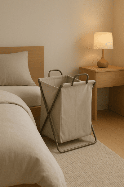 A collapsible laundry hamper, half-folded, in a tranquil, neat bedroom corner with soft lighting and modern decor.