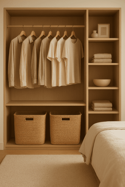 Color-coordinated woven laundry baskets beneath hung clothes in a warmly lit, modern closet with built-in shelving.