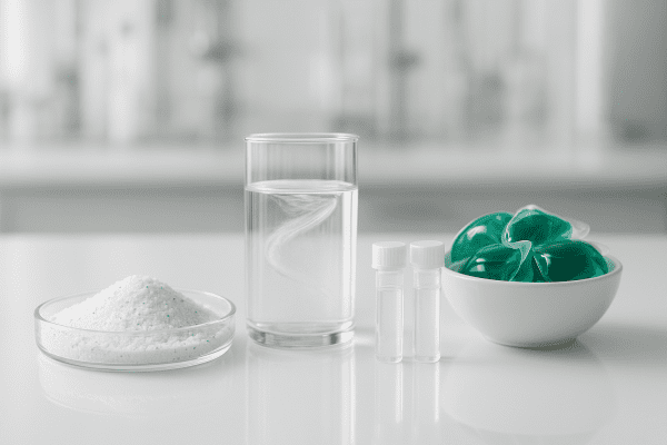 Macro shot of detergent powder, clear liquid, surfactant and enzyme tubes, and green pods on a white lab table.