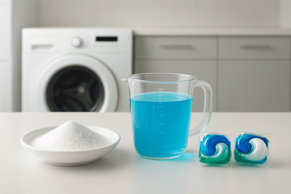 Powder in a dish, blue liquid in a measuring cup, and colorful pods on a smooth countertop, with laundry appliances blurred in the background.
