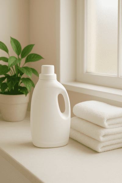 Matte white hypoallergenic detergent, fluffy towels, and a leafy plant in a sunlit, tranquil laundry nook.