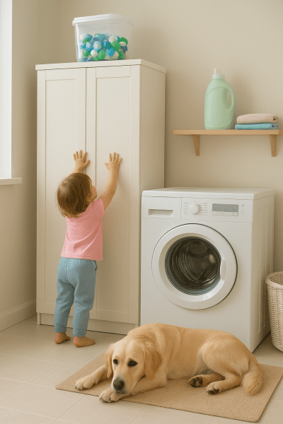 Child reaching for a top cabinet with detergent pods, dog lying on a mat in a safe, organized laundry room.