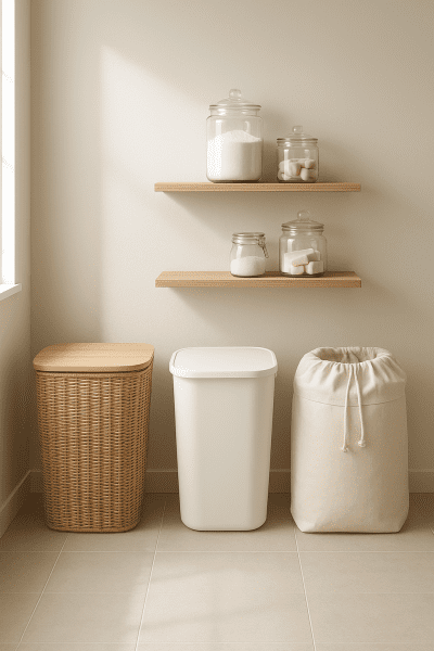A bright laundry room featuring three stylish hampers\u2014rattan, resin, and canvas\u2014each with different lid styles, beneath organized shelves.