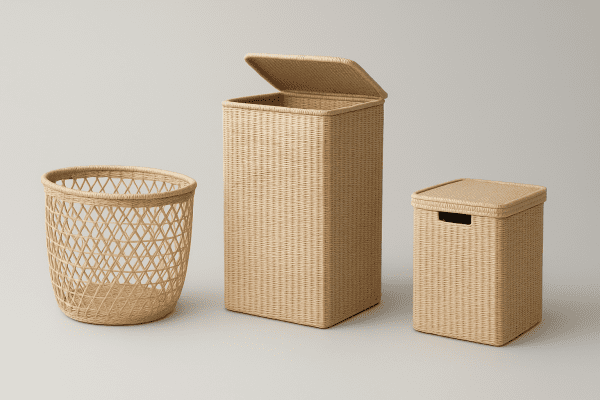 Three laundry storage types\u2014basket, hamper, and bin\u2014arranged on a seamless grey background, each clearly visible and empty.