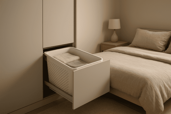 A bedroom with a wardrobe featuring a built-in, fabric-lined hamper drawer that is partially open, holding folded laundry.