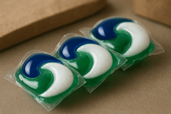 High-resolution macro of innovative, multi-chamber laundry pods with dissolvable biofilm and compostable packaging in soft focus.
