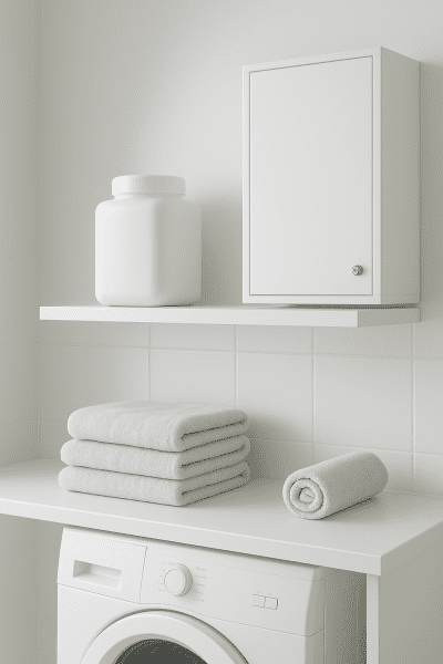 Childproof laundry pod container on a high shelf and a locked cabinet in a neat, sunlit laundry room.