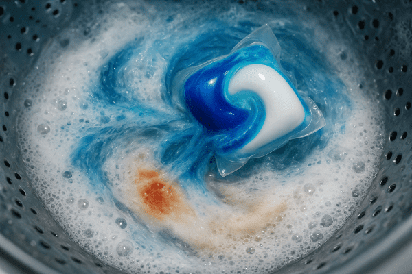 Macro view in a washing machine of a dissolving laundry pod, swirling detergent, and a stained fabric patch being cleaned.
