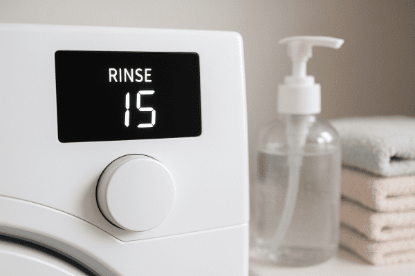 Digital washer display on rinse, with sanitizer bottle and towels in soft focus beside it.