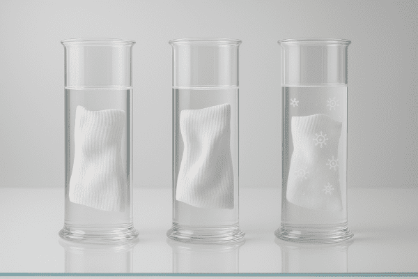 Three laboratory cylinders with fabric samples, sanitizer cylinder with nearly vanished germ icons.