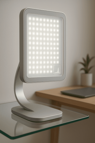 Extreme close-up of LED panel and curved stand on a glass shelf, lamp emitting daylight spectrum.