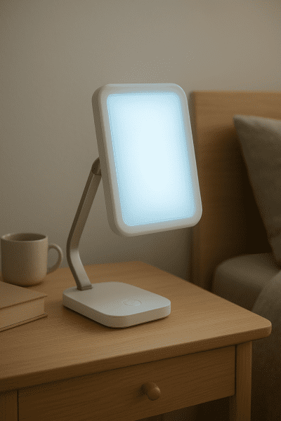Light therapy lamp with frosted polymer and blue UVB filter on a Scandinavian nightstand.