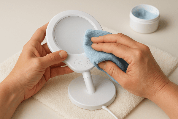 Hands using a microfiber cloth to clean a light therapy lamp on a cream towel, cleaning wipes nearby.