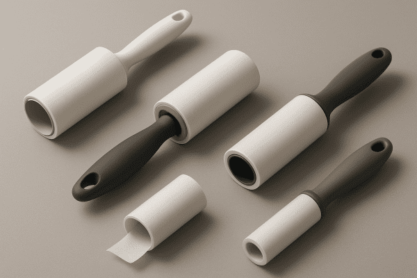 Macro view of lint rollers with focus on adhesive sheets and ergonomic handles on a seamless surface.