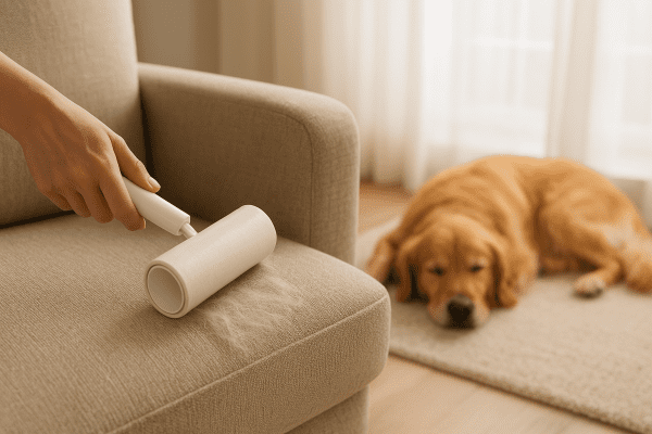 Lint roller in use on textured chair, gathering pet hair, golden retriever in background.