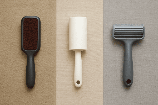 Three lint removal tools on different fabric samples, showing tool and fabric variety.
