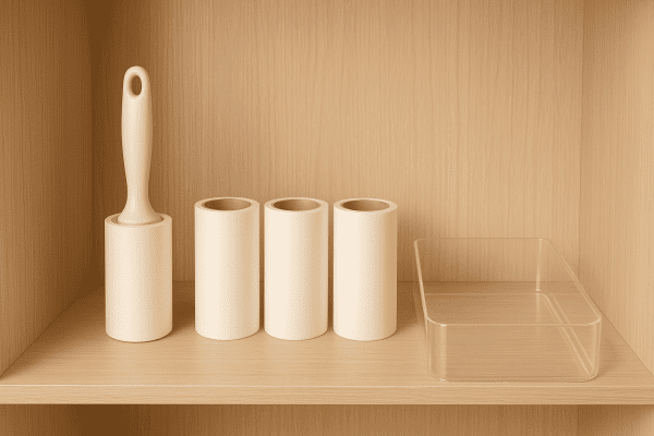 Neat closet shelf with lint roller, refill rolls, and an organizer tray.