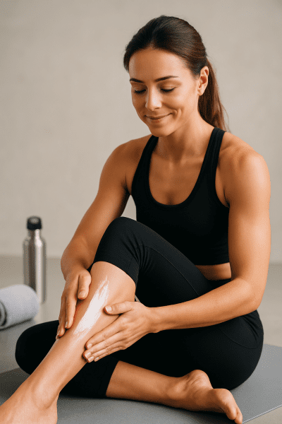 Athlete massaging magnesium lotion into calf muscle after workout, with gym towel and water bottle in the background.