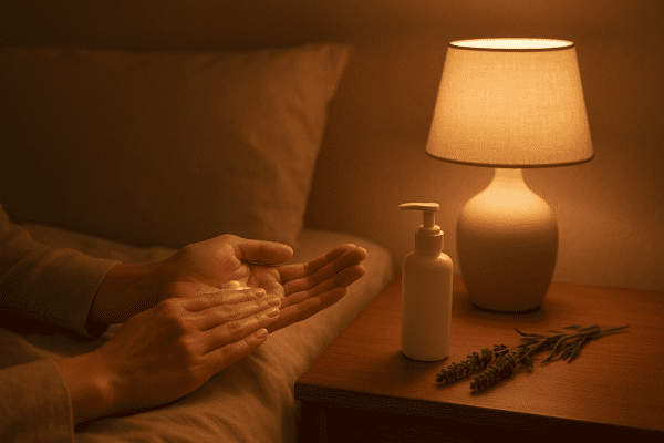 Person massaging magnesium lotion into hands at night, lavender and warm lamp on bedside table.