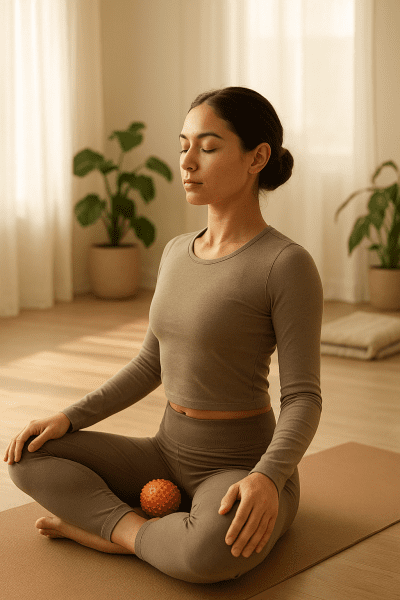 A person sitting cross-legged on a yoga mat, using a colorful massage ball under their upper back in a sunlit minimalist room.