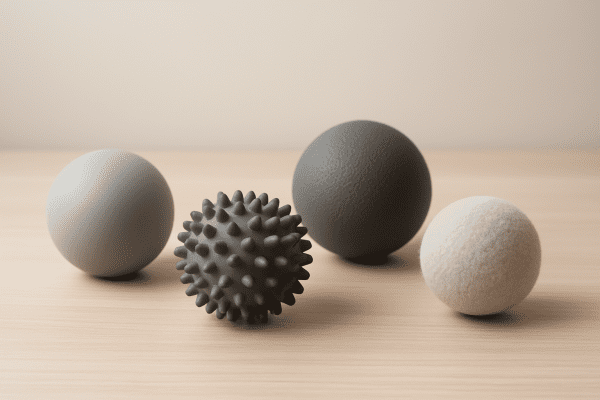 Several massage balls of different sizes and textures arranged neatly on a light wood tabletop.