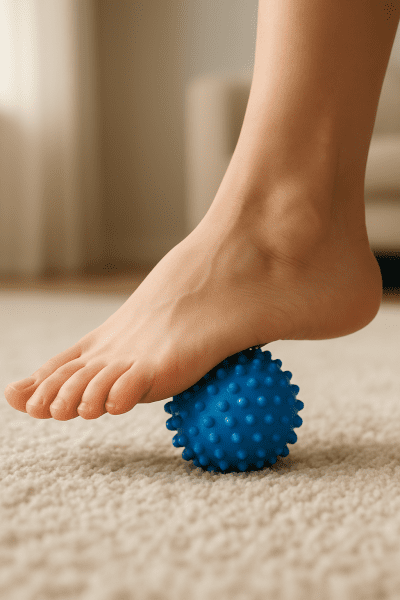 A bare foot rolling a colorful massage ball under the arch on a plush light rug, illustrating plantar fasciitis relief.