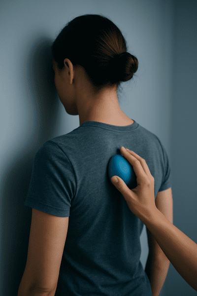A person applying a massage ball to the shoulder blade against a plain wall, demonstrating safe pressure point therapy.