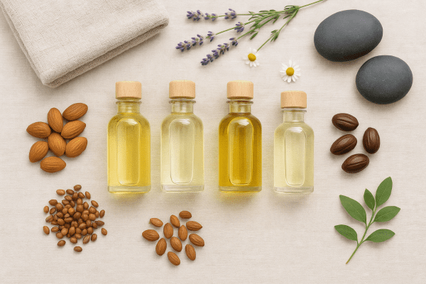 Flat lay of various carrier oils in clear bottles with natural botanicals and spa elements.