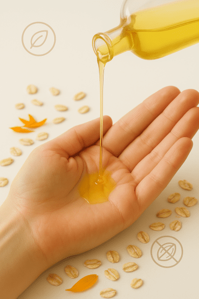 Macro of nut-free massage oil pouring onto a palm with oats and calendula petals nearby.