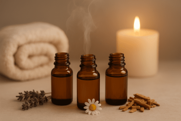 Aromatherapy oils, mist, rolled towel, and candle in a peaceful setting.