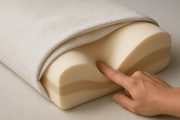 Luxury memory foam pillow cross-section showing layer density, ergonomic shape, and detailed outer cover.