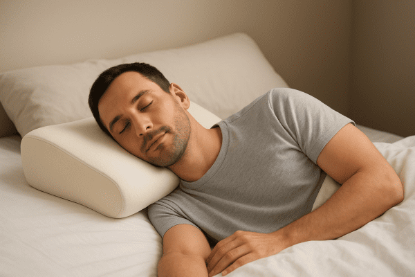 Side-sleeping adult with straight spine, perfectly supported by a contoured memory foam pillow.