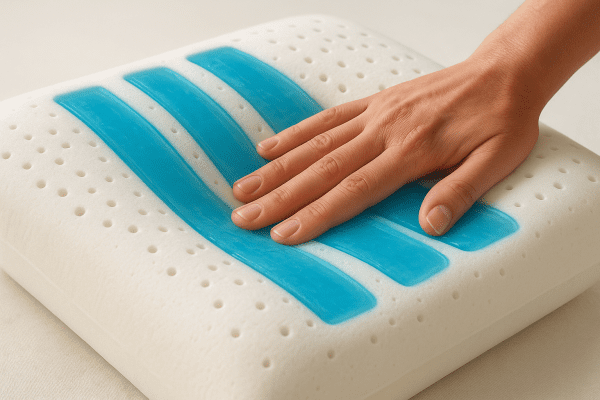 Memory foam pillow with blue gel strips, ventilation holes, and a hand pressing to show airflow.