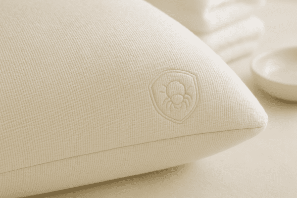 Macro of bamboo-covered memory foam pillow with dust mite protection icon in a spa-like setting.