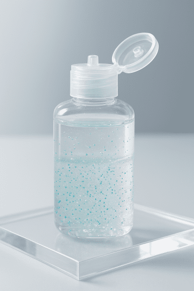Macro image of an open mini hand sanitizer bottle showing clear gel with aloe micro-beads and a hint of vapor, on a pristine acrylic platform.