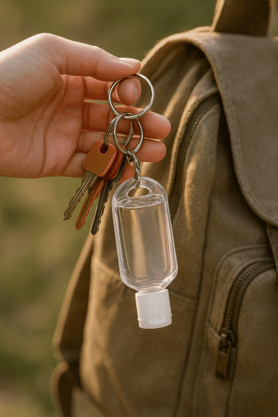 Mini hand sanitizer bottle on a keychain attached to keys and a backpack, held in hand outdoors, sun highlighting the compact design.