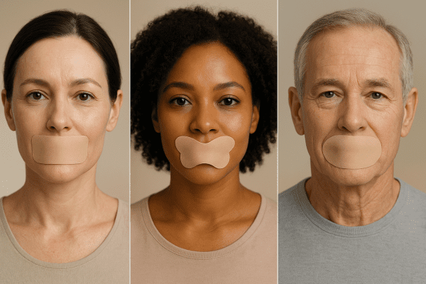 Three adults with different mouth tape shapes and adhesives, shown in a clean, comparative split-panel.