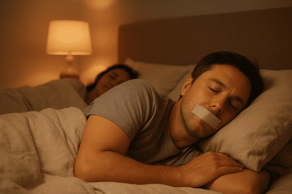 Adult sleeping with mouth tape in a calm bedroom setting, partner resting quietly in the background.