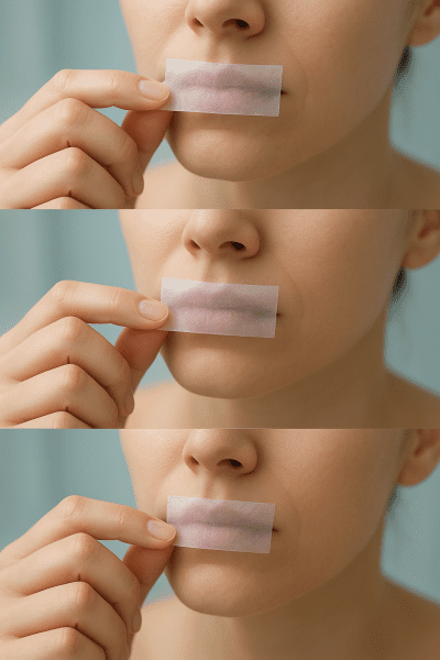 Three-step close-up of hands applying mouth tape to lips, focusing on technique.