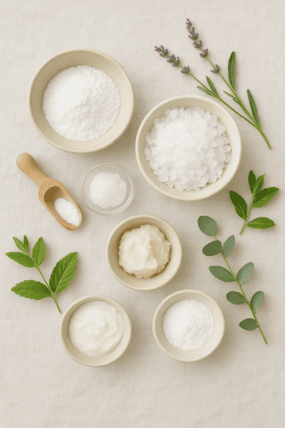 A bright, clean flat lay of natural deodorant ingredients in ceramic and glass bowls with fresh herbs and a wooden scoop on linen.